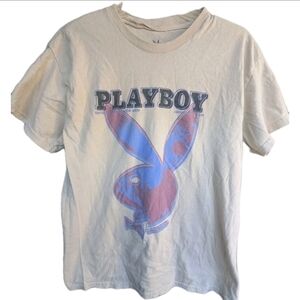 Men's Playboy Bunny Beige Logo Pink Blue T-Shirt Tee Shirt Size Small Unisex